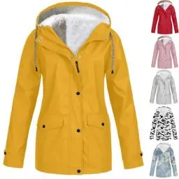 Produktbild: KOG Winterjacke Damen Fleecejacke Wasserdicht Regenjacke Regenmantel Windbreaker mit Kapuze Warme Outdoor Jacken Fahrradjacke Regenjacken Windjacke Wanderjacke Amazon - prime Gelb M