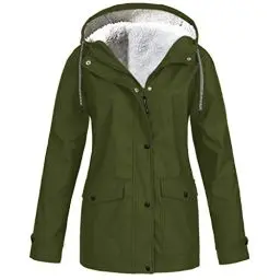 Produktbild: KOG Winterjacke Damen Fleecejacke Wasserdicht Regenjacke Regenmantel Windbreaker mit Kapuze Warme Outdoor Jacken Fahrradjacke Regenjacken Windjacke Wanderjacke Armeegrün L