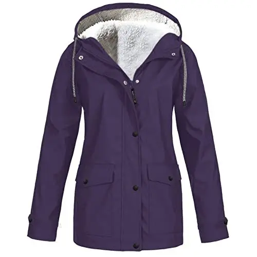Produktbild: HXRYPG Gefütterte Regenjacke Damen Wasserdicht Übergangsjacke Grosse Grössen Regenmantel Windbreaker mit Kapuze Fahrradjacke Regencape Outdoorjacke Herbstjacke Regenjacken Gutschein Lila 3XL