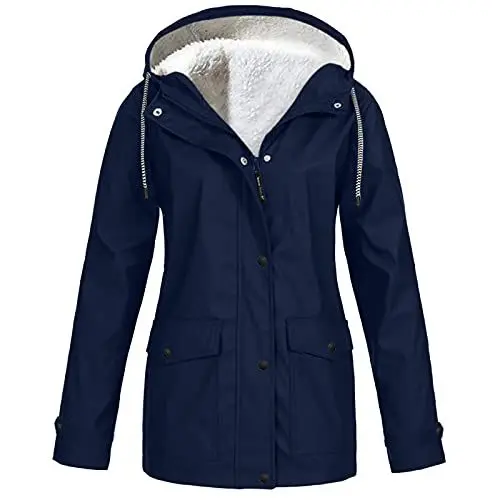 Produktbild: KOG Winterjacke Damen Fleecejacke Wasserdicht Regenjacke Regenmantel Windbreaker mit Kapuze Warme Outdoor Jacken Fahrradjacke Regenjacken Windjacke Wanderjacke Gutscheine Marine M