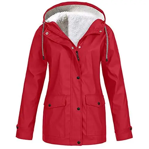 Produktbild: KOG Winterjacke Damen Fleecejacke Wasserdicht Regenjacke Regenmantel Windbreaker mit Kapuze Warme Outdoor Jacken Fahrradjacke Regenjacken Windjacke Wanderjacke Gutschein Rot XL