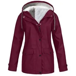 Produktbild: KOG Winterjacke Damen Fleecejacke Wasserdicht Regenjacke Regenmantel Windbreaker mit Kapuze Warme Outdoor Jacken Fahrradjacke Regenjacken Windjacke Wanderjacke Gutscheine Wein XL
