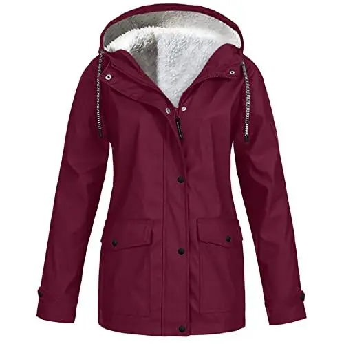 Produktbild: KOG Winterjacke Damen Fleecejacke Wasserdicht Regenjacke Regenmantel Windbreaker mit Kapuze Warme Outdoor Jacken Fahrradjacke Regenjacken Windjacke Wanderjacke Gutscheine Wein XL