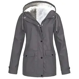 Produktbild: KOG Winterjacke Damen Fleecejacke Wasserdicht Regenjacke Regenmantel Windbreaker mit Kapuze Warme Outdoor Jacken Fahrradjacke Regenjacken Windjacke Wanderjacke Prime Grau XL