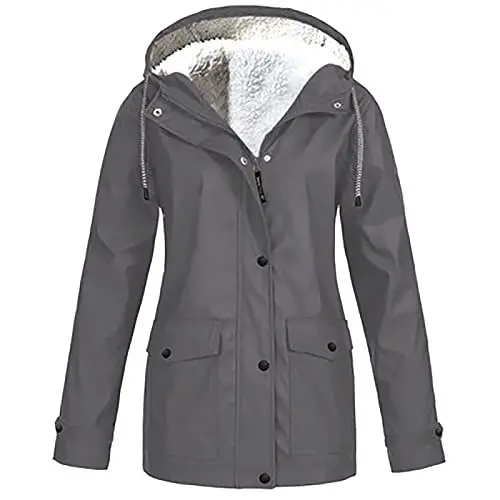 Produktbild: KOG Winterjacke Damen Fleecejacke Wasserdicht Regenjacke Regenmantel Windbreaker mit Kapuze Warme Outdoor Jacken Fahrradjacke Regenjacken Windjacke Wanderjacke Prime Grau XL