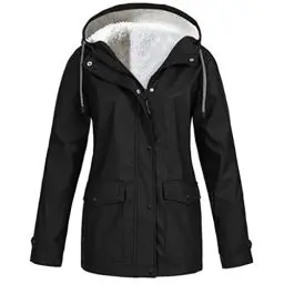 Produktbild: KOG Winterjacke Damen Fleecejacke Wasserdicht Regenjacke Regenmantel Windbreaker mit Kapuze Warme Outdoor Jacken Fahrradjacke Regenjacken Windjacke Wanderjacke Angebote Des Tages Heute Schwarz L