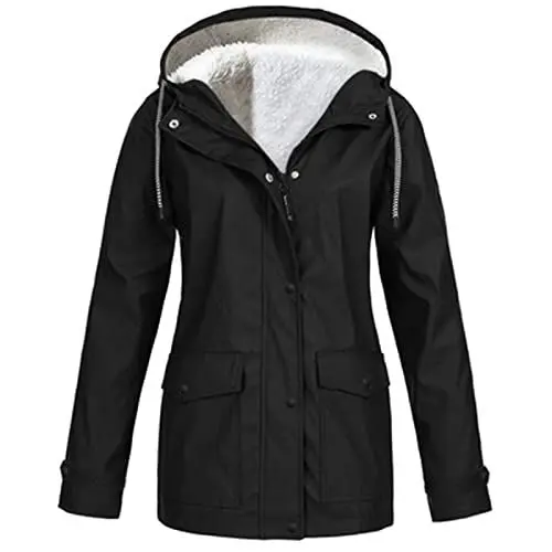Produktbild: KOG Winterjacke Damen Fleecejacke Wasserdicht Regenjacke Regenmantel Windbreaker mit Kapuze Warme Outdoor Jacken Fahrradjacke Regenjacken Windjacke Wanderjacke Meine Bestellungen Anzeigen Schwarz M