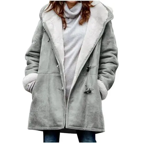 Produktbild: KOG Winterjacke Damen Fleecejacke Jacken Mode Wintermantel Laufjacke Einfarbig Kleidung Teenager Angebote Casual Windjacke Winter Kapuzenjacke Vliesjacke Baumwolle Sale Damen Grau 4XL