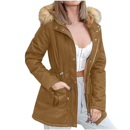 Produktbild: KOG Winterjacke Damen Puffer Jacke Elegant Daunenjacken Baumwolle College Jacke Einfarbig Oberteile Damen Tshirt Sale Warme Windjacke Kapuzenpullover Frau Fleecejacke Sale Damen Khaki L