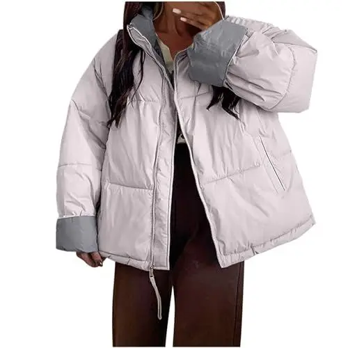 Produktbild: KOG Winterjacke Damen Puffer Jacke Warmes Daunenjacken Baumwolle Wanderjacke Parka Bekleidung übergangsmantel Sale Damen Retro Trenchcoat Warme Frauen Steppjacke Gutschein Amazon Grau L