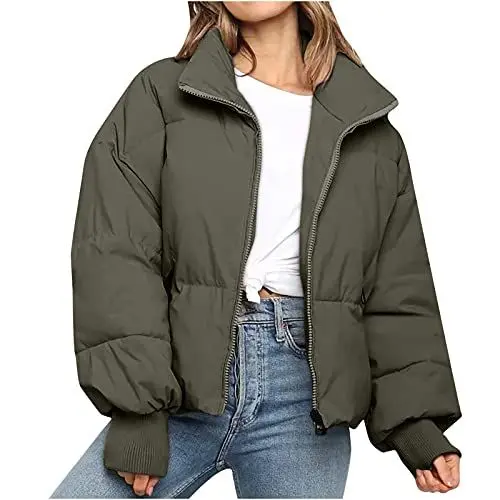 Produktbild: KOG Winterjacke für Damen Dufflecoat Elegante Daunenmantel Baumwolle Laufjacke Einfarbige Bekleidung Frauen übergangsjacken Prime Trenchcoat Warme Hoodie Frau Wollmantel Prime Armeegrün XS
