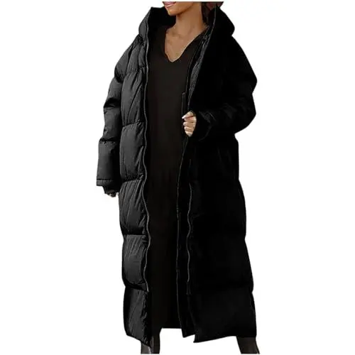 Produktbild: KOG Winterjacke für Damen Daunenmantel Warme Dufflecoat Baumwolle Einfarbige Oberteile Angebote Winter Trenchcoat Fashion Kapuzenjacke Teenager Mädchen Steppjacke Angebote Schwarz M