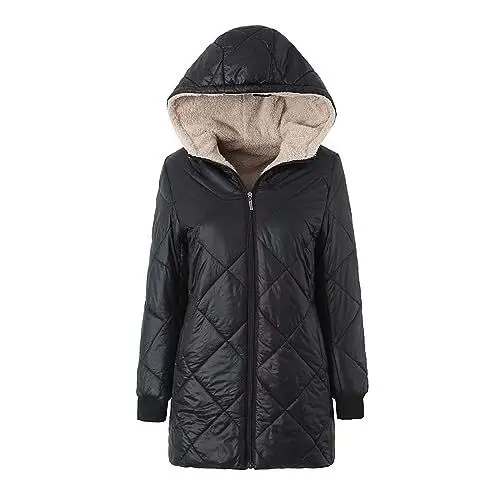 Produktbild: KOG Winterjacke für Damen Dufflecoat Mode Jacken Baumwolle Bikerjacke Einfarbig Kleidung Amazon - prime Retro Windjacke Warmes Hoodie Jacke Frauen Softshellmantel Damen Tshirt Sale Schwarz M