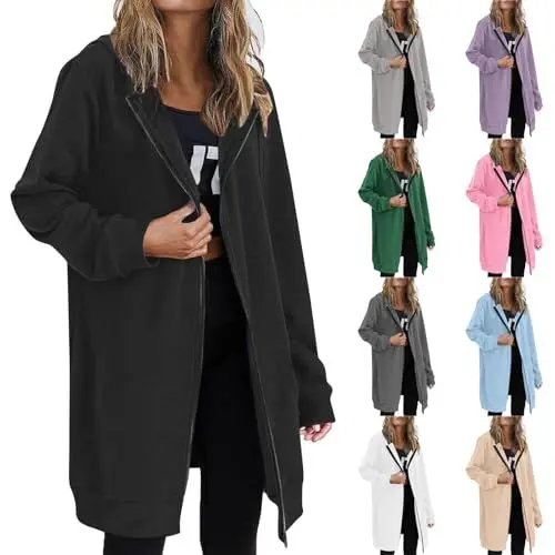 Produktbild: KOG Winterjacke für Damen Lang Herbstjacke Casual Wintermantel Wanderjacke Einfarbig Bekleidung Teenager übergangsmantel Fashion Hemdjacke Warm Kapuzenmantel Bomberjacke Vliesjacke Schwarz XXL