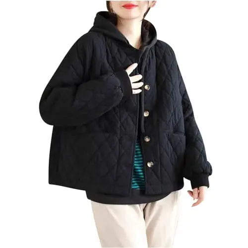 Produktbild: KOG Winterjacke für Damen Puffer Jacke Warmes Jacke Baumwolle Bikerjacke Einfarbige Kleidung Frauen Gutschein Warme Blusenjacke Retro Pullover Frau Softshelljacke Sale Damen Schwarz L