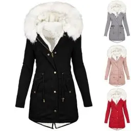 Produktbild: KOG Winterjacke für Damen Daunenjacken Elegant Jacken Baumwolle Fahrradjacke Einfarbig Oberteil übergangsjacke Gutscheine Retro Sweatjacke Hoodie Jacke Frauen Teddyjacke Angebote Schwarz 3XL