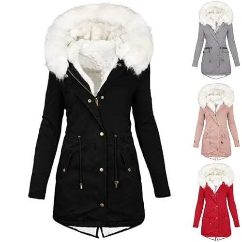 Produktbild: KOG Winterjacke für Damen Dufflecoat Elegant Daunenjacke Baumwolle Sport Jacke Einfarbig Oberteile Gutschein Amazon Warmes Strickjacke Freizeit Frauen Dufflecoat Sale Damen Schwarz S