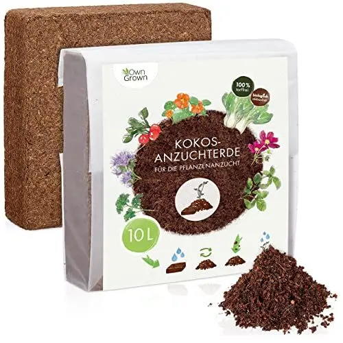 Produktbild: Kokos Anzuchterde mit Nährstoffen: 10L Premium Anzuchterde torffrei – Kokoserde gepresst als praktische Quellerde – Kokos Blumenerde Zimmerpflanzen – Blumenerde Balkonpflanzen – Anzucht Erde OwnGrown