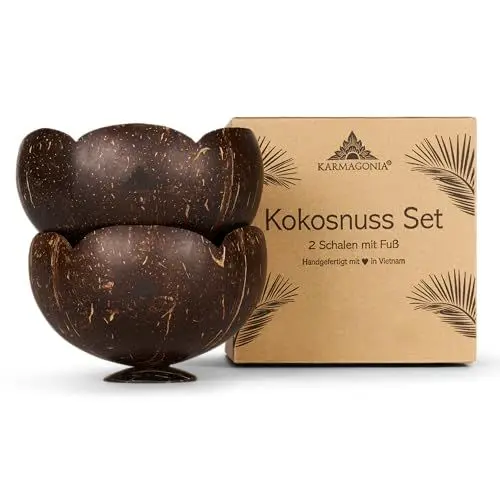 Produktbild: Karmagonia Kokosnuss Schale 2er Set - handgefertigte Bowl Schüssel - nachhaltige Müslischalen - Snackschale, Holzschale, Smoothie Bowl - 100% Naturprodukt