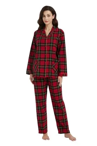 Produktbild: kolipajam Damen-Schlafanzug-Set, 100 % Baumwolle, Flanell, garngefärbt, gemütlich, langärmelig, Winter-PJs für Frauen, Rot und Schwarz kariert 2, M