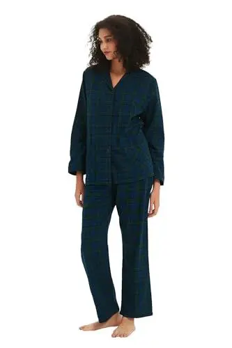 Produktbild: kolipajam Damen 100% Baumwoll-Flanell-Schlafanzug-Set in Garn gefärbt - Gemütlicher Pyjama mit Langen Ärmeln für den Winter