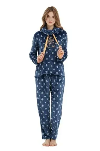 Produktbild: kolipajam Damen Winter 2023 Flauschiger Fleece-Pyjama mit Langen Ärmeln - 2-teiliges Set mit Top und Langen Hosen, Loungewear