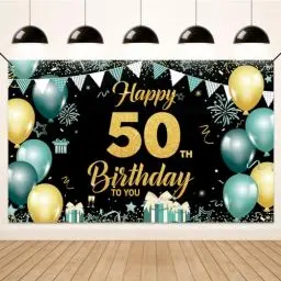 Produktbild: Koliphy 50. Geburtstagsdeko, 50. Happy Birthday Banner für Mann Frau, Grün Gold Stoff 50 Geburtstagsbanner Hintergrund Party Dekoration Drinnen und Draußen