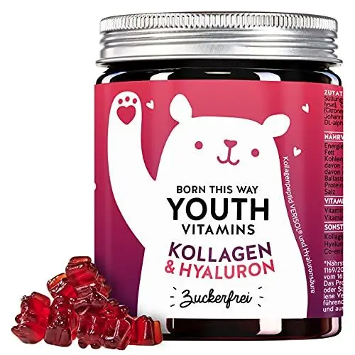 Produktbild: Born This Way Youth Gummibären – Zuckerfrei – VERISOL® Kollagenpeptide Supplement 2500 mg – Hyaluronsäure – Vitamin C, E – 90 Stück – Kirsche – Bears with Benefits