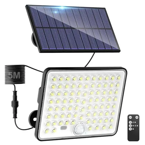 Produktbild: kolpop 1 Stück Solarlampen für Außen mit Bewegungsmelder, 3 Modi, Fernbedienung, 82 LED-Linse Solar Strahler, IP65 Wasserdichte Außenleuchte Wandleuchte für Garten Hof Stufen, 5m Kabel, Kaltweiß