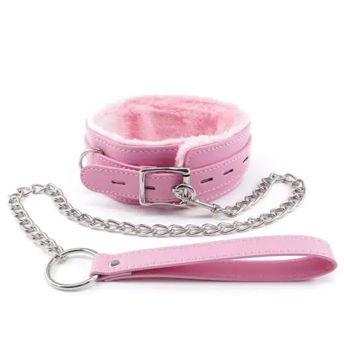 Produktbild: Kom Waire Frauen Rosa Leder Pelz Gefüttert Sexhalsbänder und Leine Set, Leder Sex Toys Bondage halsbänder, Leder Halskette Choker Halsband für Sexspiele (Rosa)