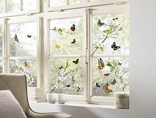 Produktbild: Komar | Fenstersticker CHEERFUL | Größe 31 x 31 cm, 2 Bogen | Fensterdeko, Fensterfolie, Schmetterling, Butterfly, Blume, Zweige | 16006