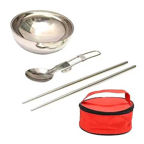 Produktbild: KOMBIUDA Campingschüssel Aus Edelstahl Klapplöffel Und Essstäbchen Tragbares Outdoor-besteckset Zum Wandern