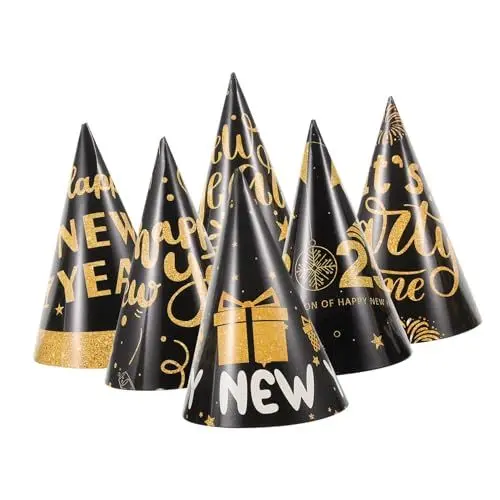 Produktbild: KOMBIUDA Silvesterhut 2025 Schwarz-gold Partyhüte Für Feiern Neujahrskegel 6-tlg Papierkegelhut Silvesterparty-zubehör Dekorationen