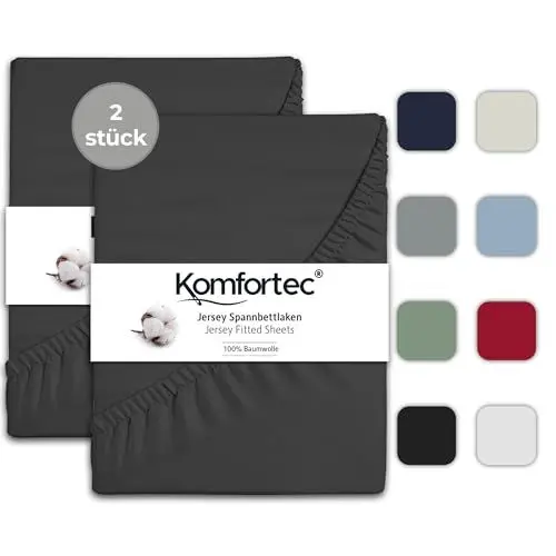 Produktbild: Komfortec 2er Pack Jersey Spannbettlaken 90x200 cm, 100% Baumwolle, Doppelpack Spannbettuch, Anthrazit