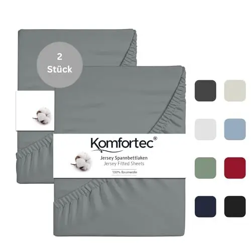 Produktbild: Komfortec 2er Pack Jersey Spannbettlaken 90x200 cm, 100% Baumwolle, Doppelpack Spannbettuch, Grau