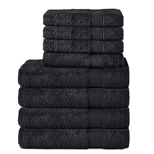 Produktbild: Komfortec 8er Handtuch Set aus 100% Baumwolle, 4 Badetücher 70x140 und 4 Handtücher 50x100 cm, Frottee, Weich, Towel, Groß, Schwarz
