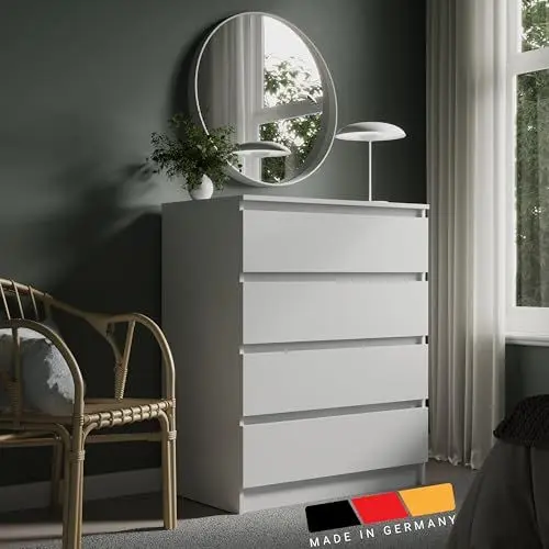 Produktbild: Kommode 80cm breit mit 4 Schubladen Kommode weiß schmal Holz Schrank Kommode mit Schubladen Sideboard Highboard Anrichte Schlafzimmer Wohnzimmer Flur Büro Organizer Breite 80 cm Höhe 100 cm