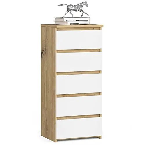 Produktbild: Kommode mit fünf Schubladen, elegant, für minimalistische Innenräume, 92 cm hoch und 40 cm breit, Wohnzimmer, Schlafzimmer, Flur, Schrank, Sideboard, Highboard, viel Stauraum, Artisan Eiche weiß