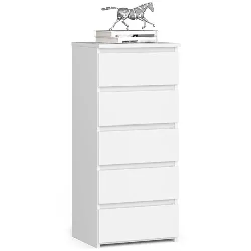 Produktbild: Home Collective Kommode mit fünf Schubladen, elegant, für minimalistische Innenräume, 92 cm hoch und 40 cm breit, Wohnzimmer, Schlafzimmer, Flur, Schrank, Sideboard, Highboard, viel Stauraum, weiß