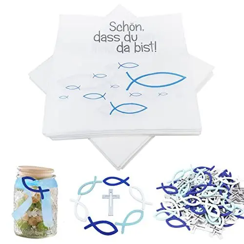 Produktbild: Kommunion Deko, 60 Stück Holzfische, 30 Stück Servietten & 20 Stück Kreuz Deko Tischdeko 'Schön, DASS du da bist!', für Taufe Junge, Kommunion, Konfirmation und Andere Festliche Anlässe