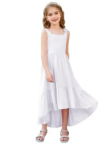 Produktbild: Kommunionkleid Mädchen Chiffon Kleid Ärmellos High-Lo Midikleid A-Linie Prinzessin Kleid Casual Party Kleid Reines Weiß 7 Jahre CL2805S24-04