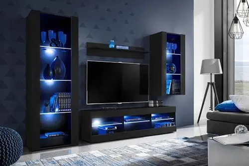 Produktbild: Komodee Wohnwand Wohnzimmerset Tivoli Medio, Schwarz/Schwarz, Breite 245cm x Höhe 159cm x Tiefe 35cm, LED Blau, für Wohnzimmer, Schlafzimmer