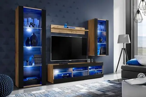 Produktbild: Komodee Wohnwand Wohnzimmerset Tivoli Medio, Schwarz/Wotan, Breite 245cm x Höhe 159cm x Tiefe 35cm, LED Blau, für Wohnzimmer, Schlafzimmer