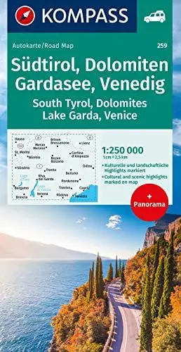 Produktbild: KOMPASS Autokarte Südtirol, Dolomiten, Gardasee, Venedig 1:250.000: mit Panorama auf der Rückseite