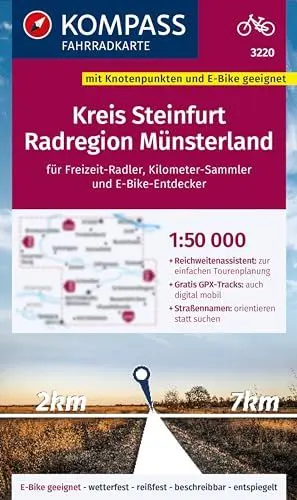 Produktbild: KOMPASS Fahrradkarte 3220 Kreis Steinfurt, Tecklenburger Land, Radregion Münsterland mit Knotenpunkten 1:50.000: reiß- und wetterfest mit Straßennamen