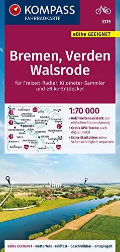 Produktbild: KOMPASS Fahrradkarte 3315 Bremen, Verden, Walsrode 1:70.000: reiß- und wetterfest mit Extra Stadtplänen