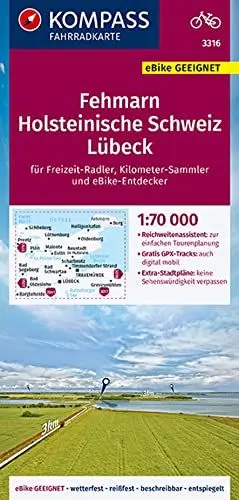 Produktbild: KOMPASS Fahrradkarte 3316 Fehmarn, Holsteinische Schweiz, Lübeck 1:70.000: reiß- und wetterfest mit Extra Stadtplänen