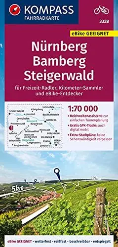 Produktbild: KOMPASS Fahrradkarte 3328 Nürnberg, Bamberg, Steigerwald 1:70.000: reiß- und wetterfest mit Extra Stadtplänen