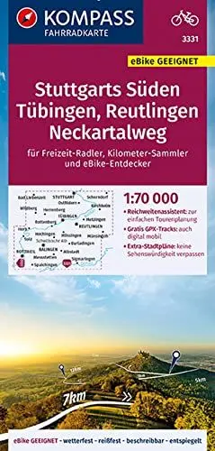Produktbild: KOMPASS Fahrradkarte 3331 Stuttgarts Süden, Tübingen, Reutlingen, Neckartalweg 1:70.000: reiß- und wetterfest mit Extra Stadtplänen
