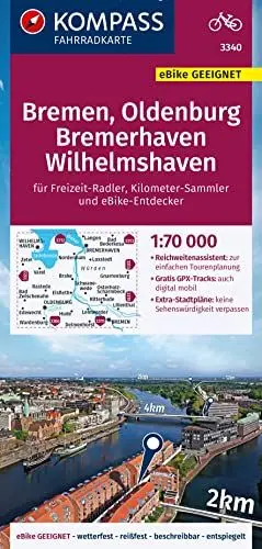 Produktbild: KOMPASS Fahrradkarte 3340 Bremen, Oldenburg, Bremerhaven, Wilhelmshaven 1:70.000: reiß- und wetterfest mit Extra Stadtplänen